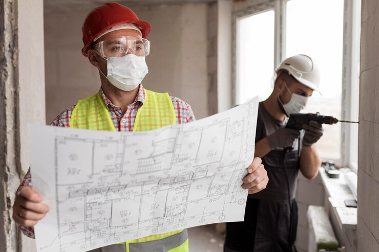 dois homens usando EPI e ferramentas de construção em um cômodo